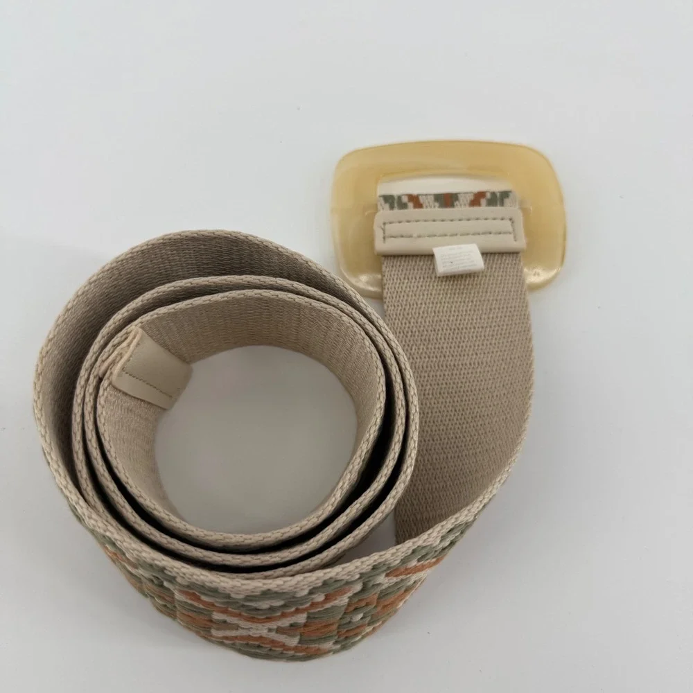 Woven‎ Belt Beige Green Orange Aztec Pattern Statement Buckle Women's